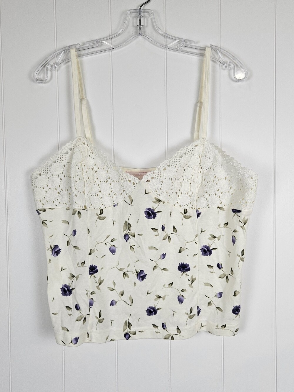 Vtg 90s Victorias Secret Tank Cream Floral Cotton Crochet Dainty Cottage XL